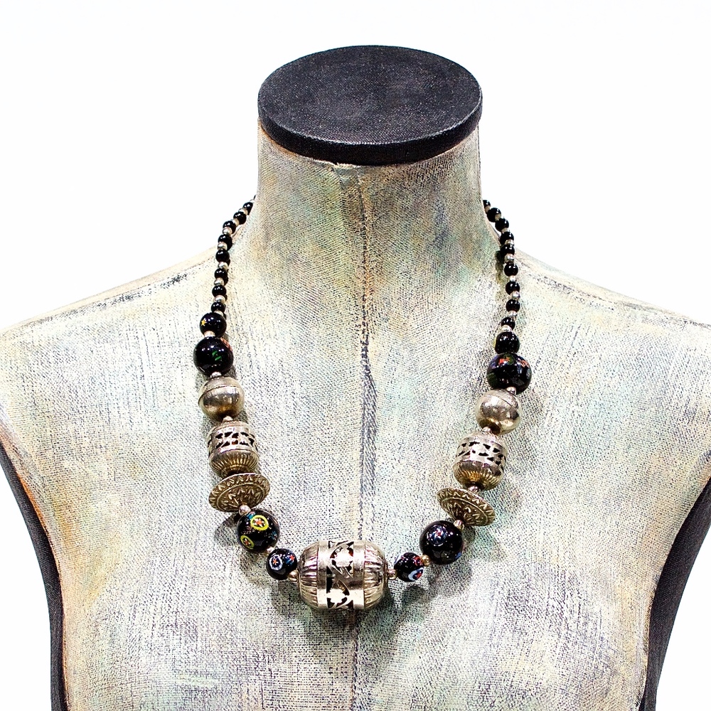 VTG 70's Siver Brass & Millefiori Glass Necklace